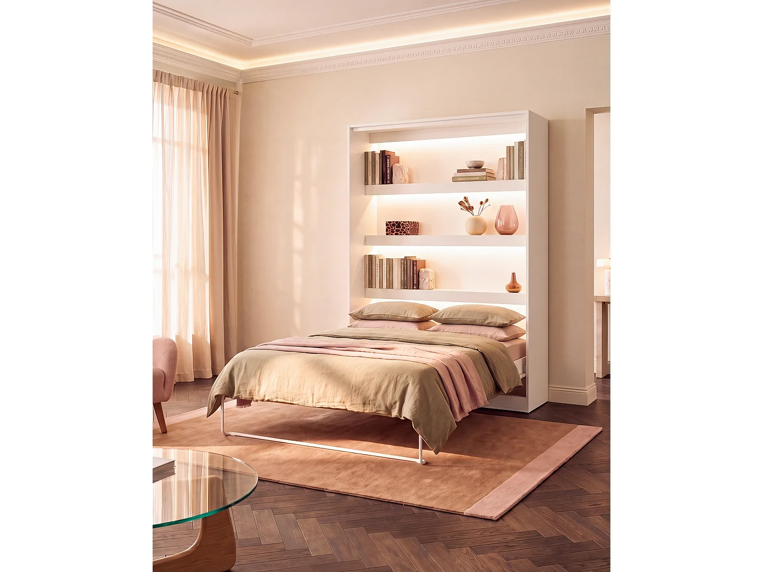 Felhajtható ágy, függőleges nyitás, kézi, LED-del - 160 x 200 cm - Fehér - RAPILI