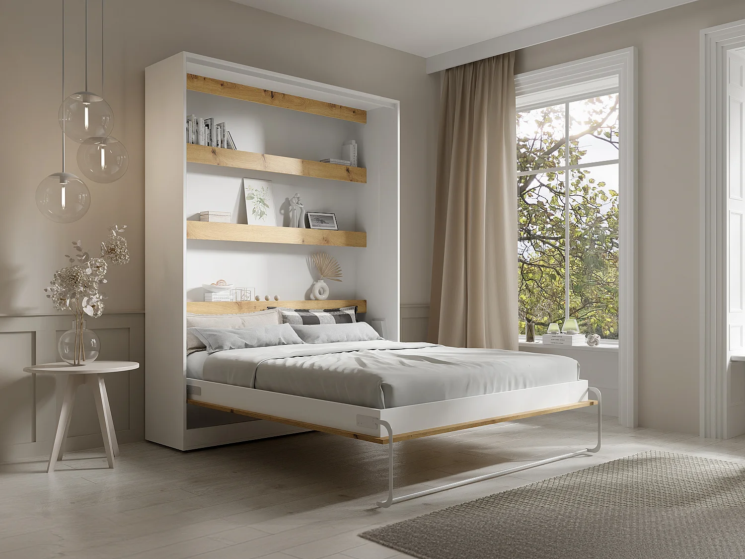 Lit escamotable 160 x 200 cm - Ouverture verticale manuelle - Avec LEDs - Blanc et naturel - RAPILI