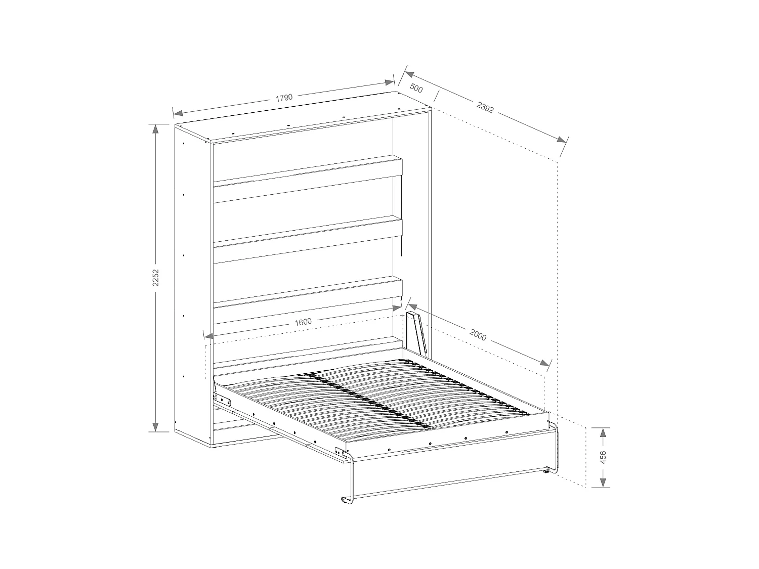 Cama rebatível 160x200 cm, abertura vertical manual, com LEDs, branco e natural - RAPILI