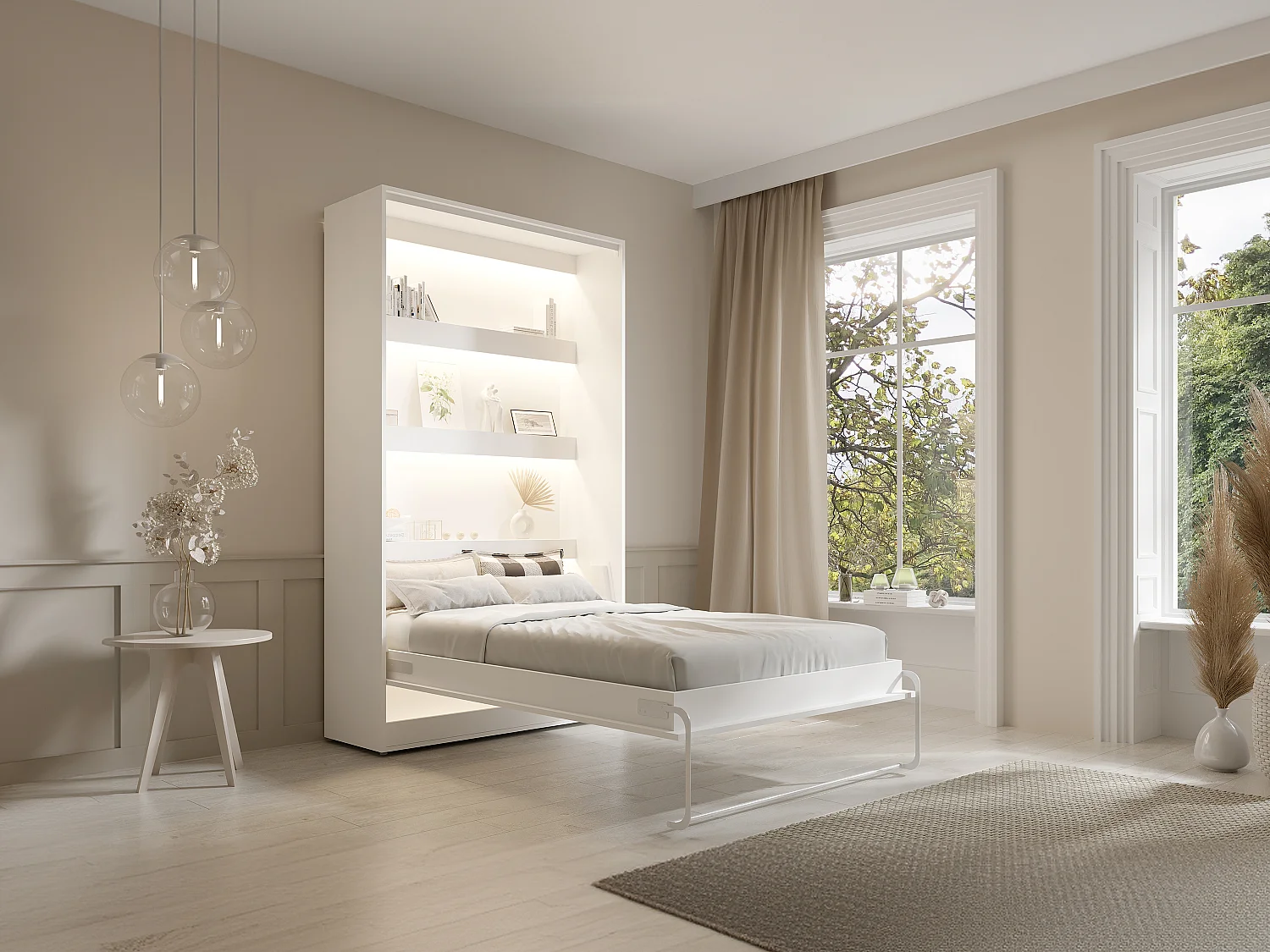 Lit escamotable 120 x 200 cm - Ouverture verticale manuelle - Avec LEDs - Blanc - RAPILI