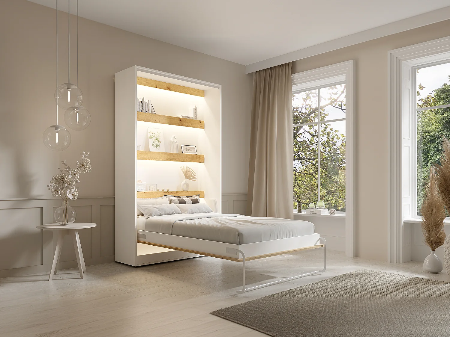 Lit escamotable 120 x 200 cm - Ouverture verticale manuelle - Avec LEDs - Blanc et naturel - RAPILI