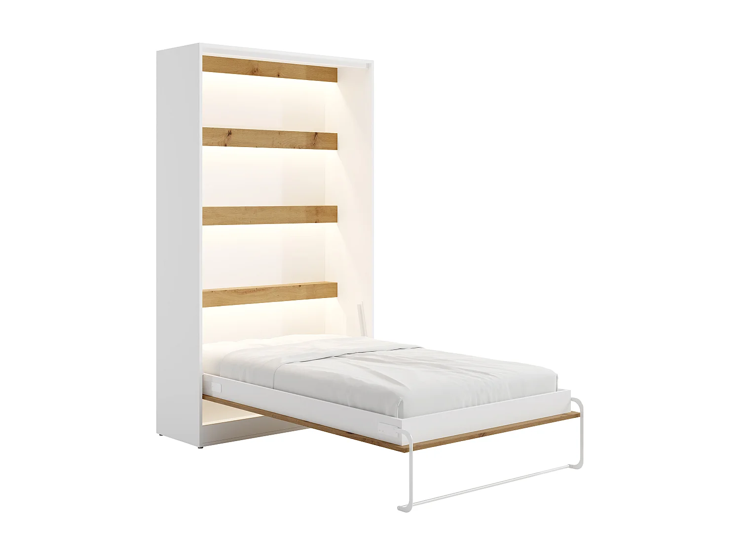 Lit escamotable 120 x 200 cm - Ouverture verticale manuelle - Avec LEDs - Blanc et naturel - RAPILI