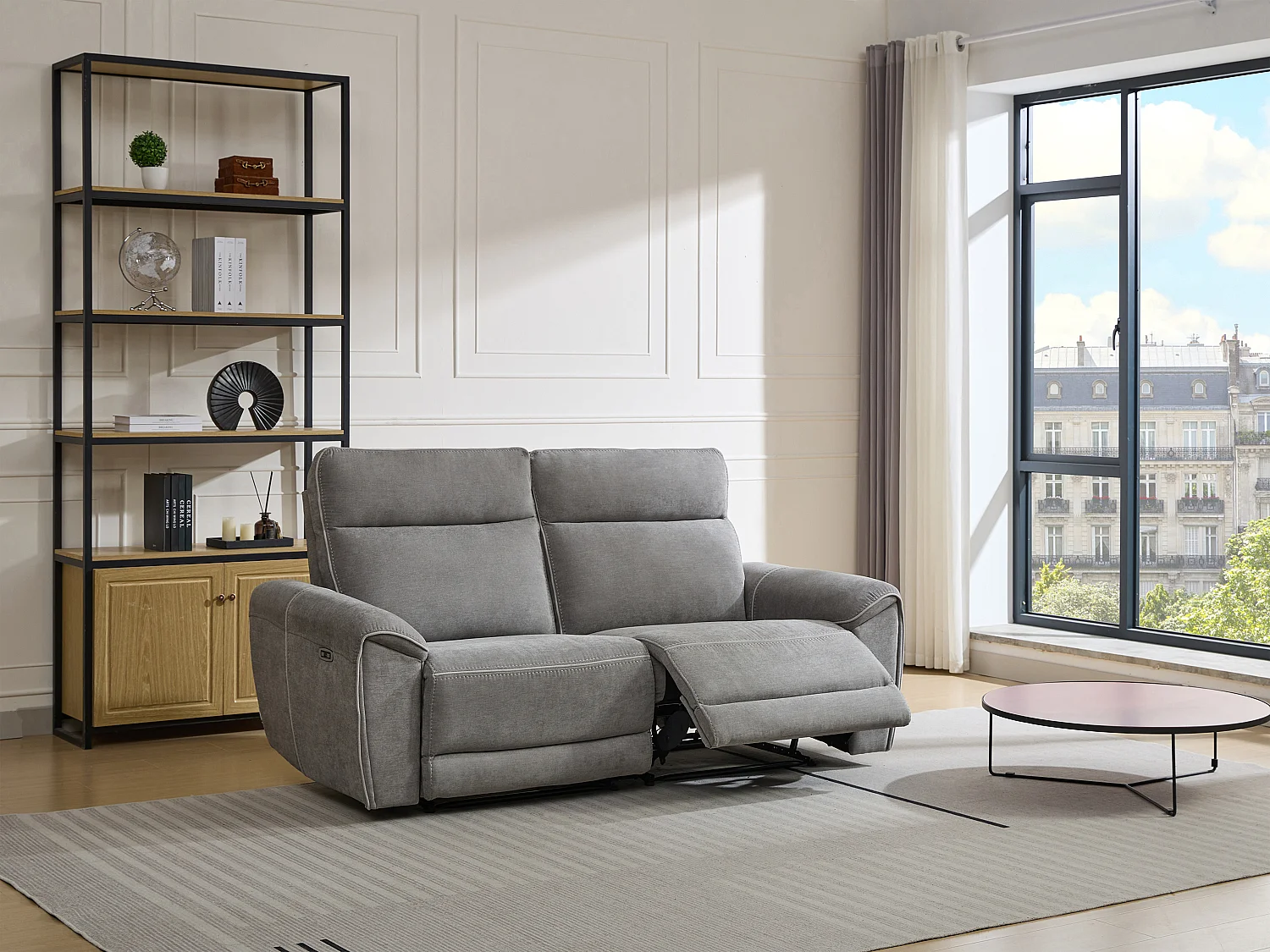 Canapé 3 places relax électrique en tissu gris DJARALO