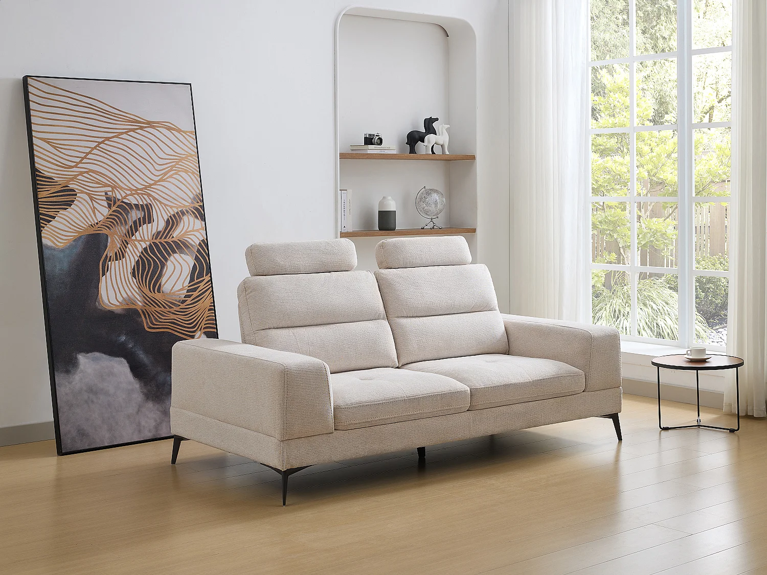 Canapé 3 places en tissu texturé beige avec dossier avance-recule UDALIO