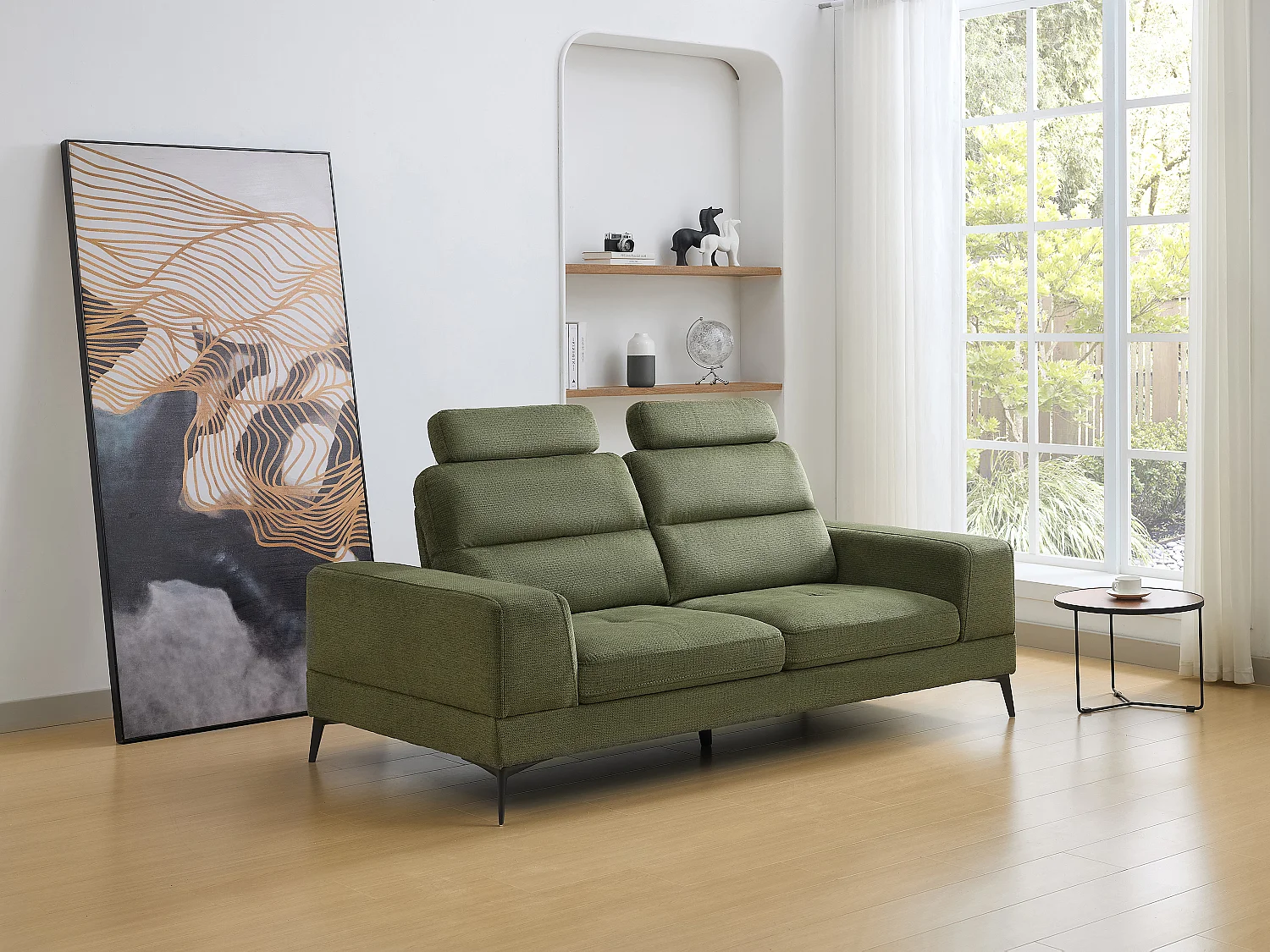 Driezitsbank van groene stof met textuur met schuivende rugleuning UDALIO