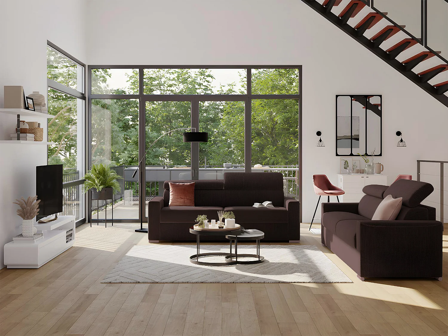 Canapé 3 places convertible express en tissu marron avec assise mémoire de forme - Couchage 140 cm - Matelas 14 cm VIZIR