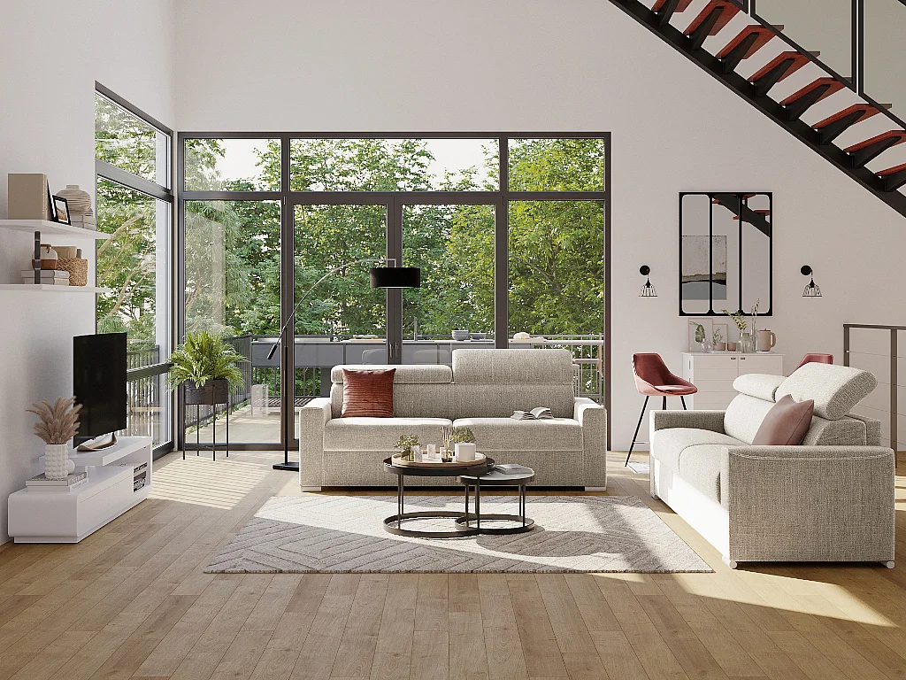 Canapé 2 places convertible express en tissu beige avec assise mémoire de forme - Couchage 120 cm - Matelas 18 cm VIZIR