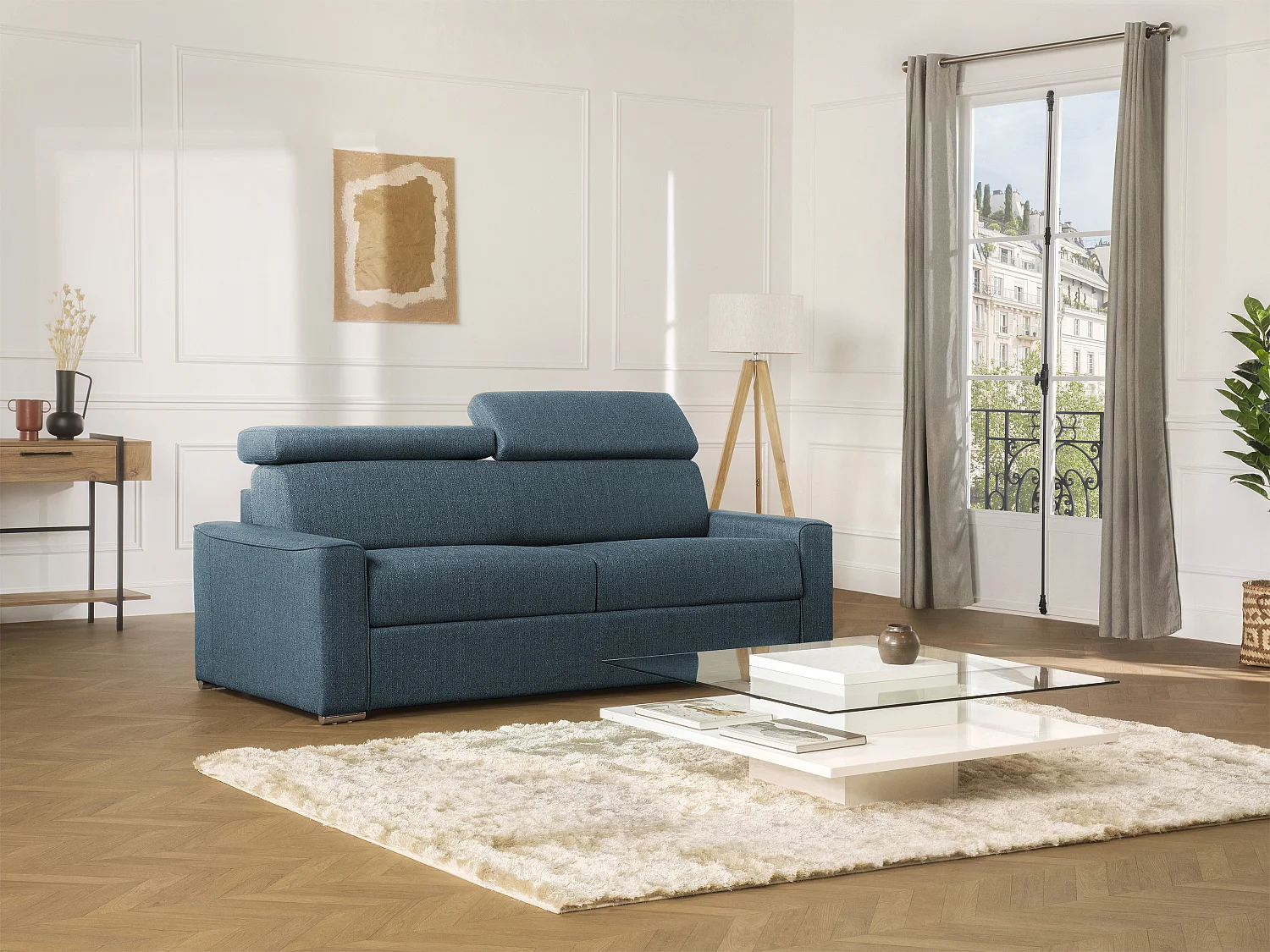 Canapé 3 places convertible express en tissu bleu avec assise mémoire de forme - Couchage 140 cm - Matelas 18 cm VIZIR