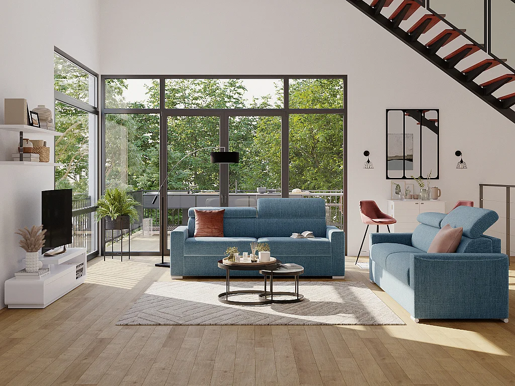 Canapé 3 places convertible express en tissu bleu avec assise mémoire de forme - Couchage à lattes larges 140 cm - Matelas 18 cm VIZIR