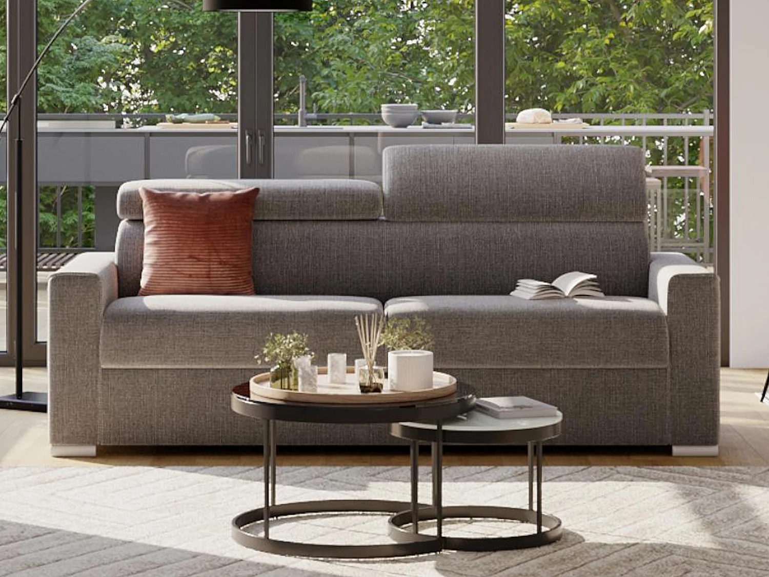 3-personers sovesofa i gråt stof med memory foam sæde - Soveplads med brede lameller 140 cm - 14 cm memory foam madras VIZIR