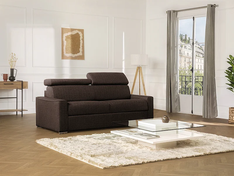 Canapé 4 places convertible express en tissu marron avec assise mémoire de forme - Couchage lattes larges 160 cm - Matelas 14 cm mémoire de forme VIZIR