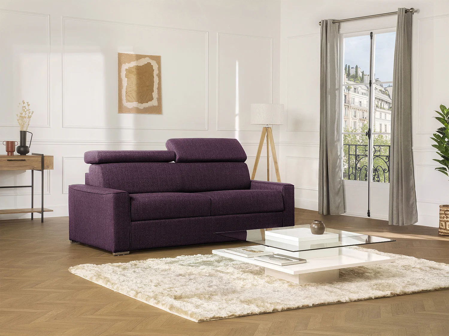 Canapé 4 places convertible express en tissu violet avec assise mémoire de forme - Couchage lattes larges 160 cm - Matelas 14 cm mémoire de forme VIZIR