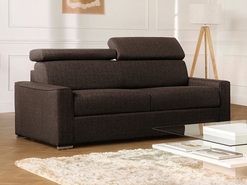 Canapé 3 places convertible express en tissu marron avec assise mémoire de forme - Couchage lattes larges 140 cm - Matelas 18 cm mémoire de forme VIZIR