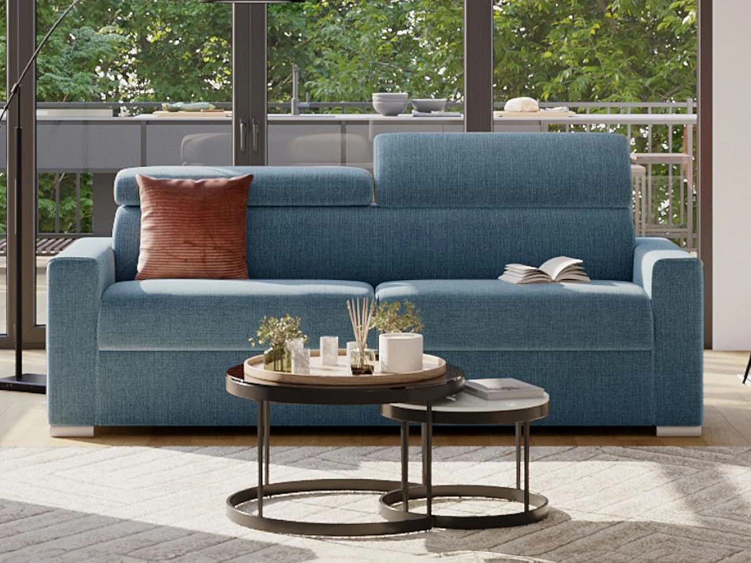 Canapé 3 places convertible express en tissu bleu avec assise mémoire de forme - Couchage 140 cm - Matelas 18 cm mémoire de forme VIZIR