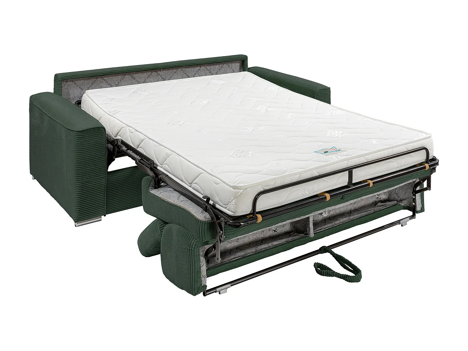 Canapé 3 places convertible express en velours côtelé vert avec assise mémoire de forme - Couchage à lattes larges 140 cm - Matelas 14 cm VIZIR