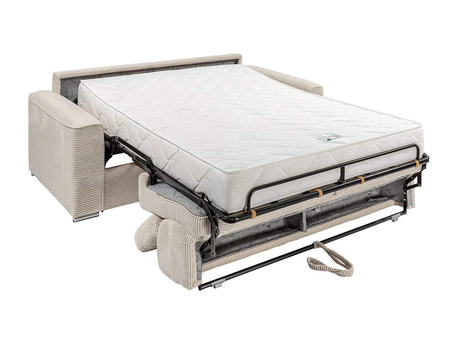 Canapé 3 places convertible express en velours côtelé beige avec assise mémoire de forme - Couchage à lattes larges 140 cm - Matelas 22 cm mémoire de forme VIZIR