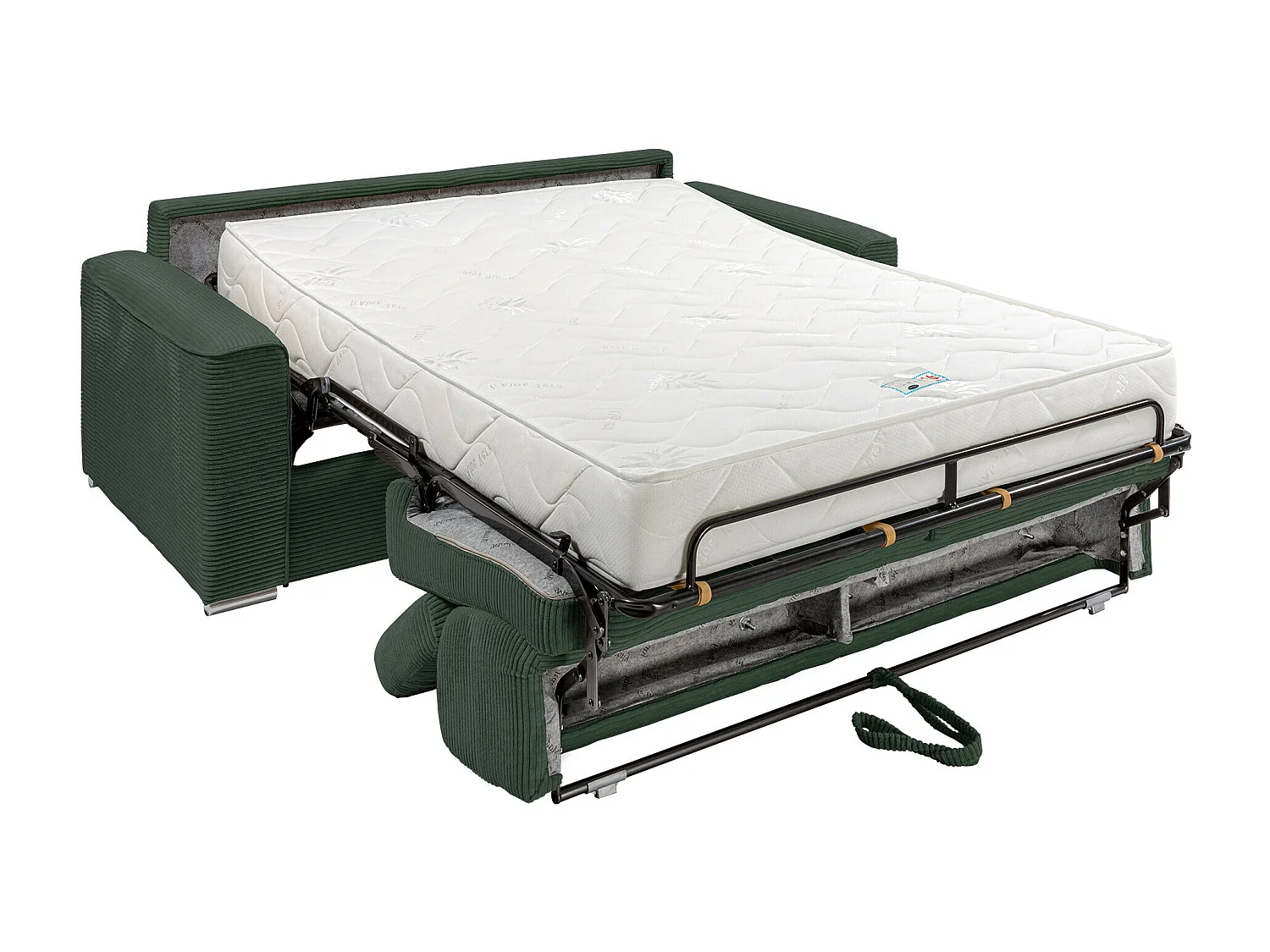 Canapé 3 places convertible express en velours côtelé vert avec assise mémoire de forme - Couchage 140 cm - Matelas 22 cm mémoire de forme VIZIR