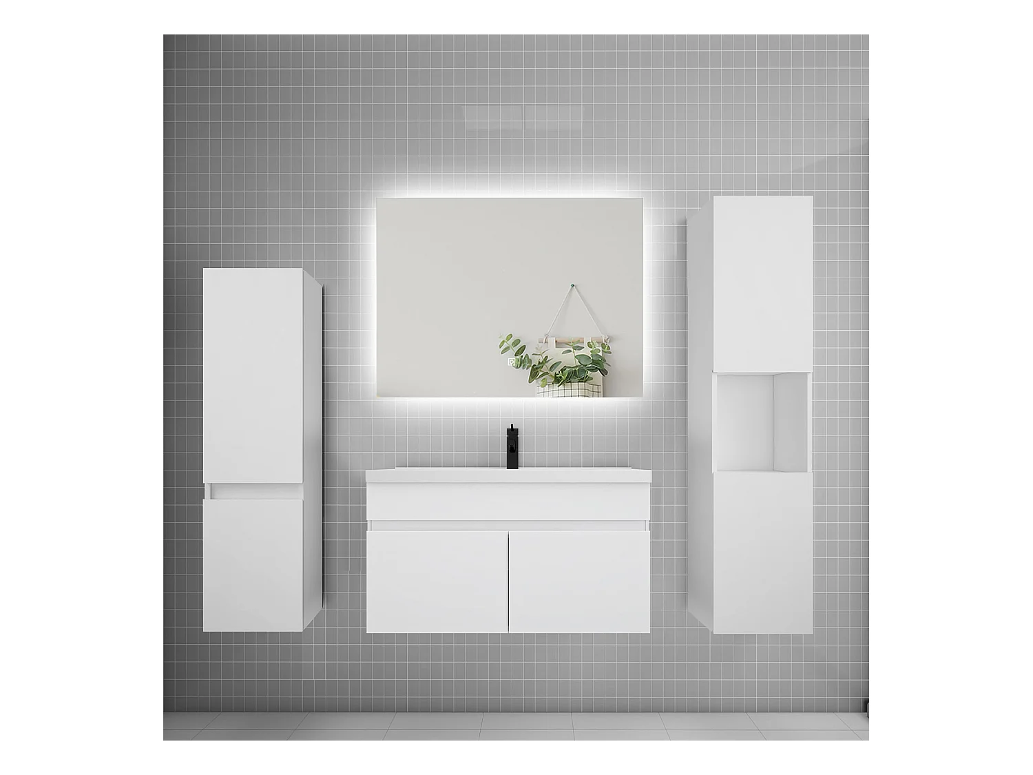 Ensemble meuble vasque L.80cm lavabo + colonne + miroir mural 80cm,blanc