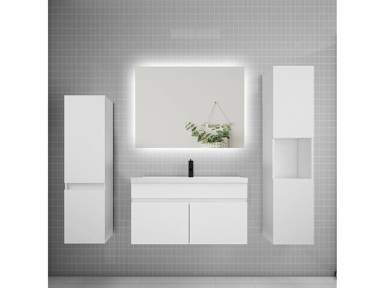 Ensemble meuble vasque L.80cm lavabo + colonne + miroir mural 80cm,blanc