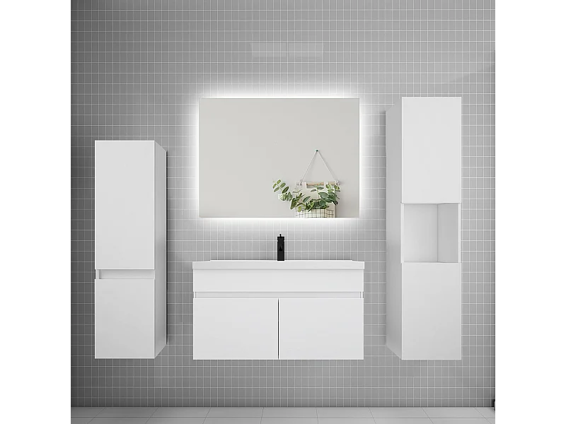 Ensemble meuble vasque L.80cm lavabo + colonne + miroir mural 80cm,blanc