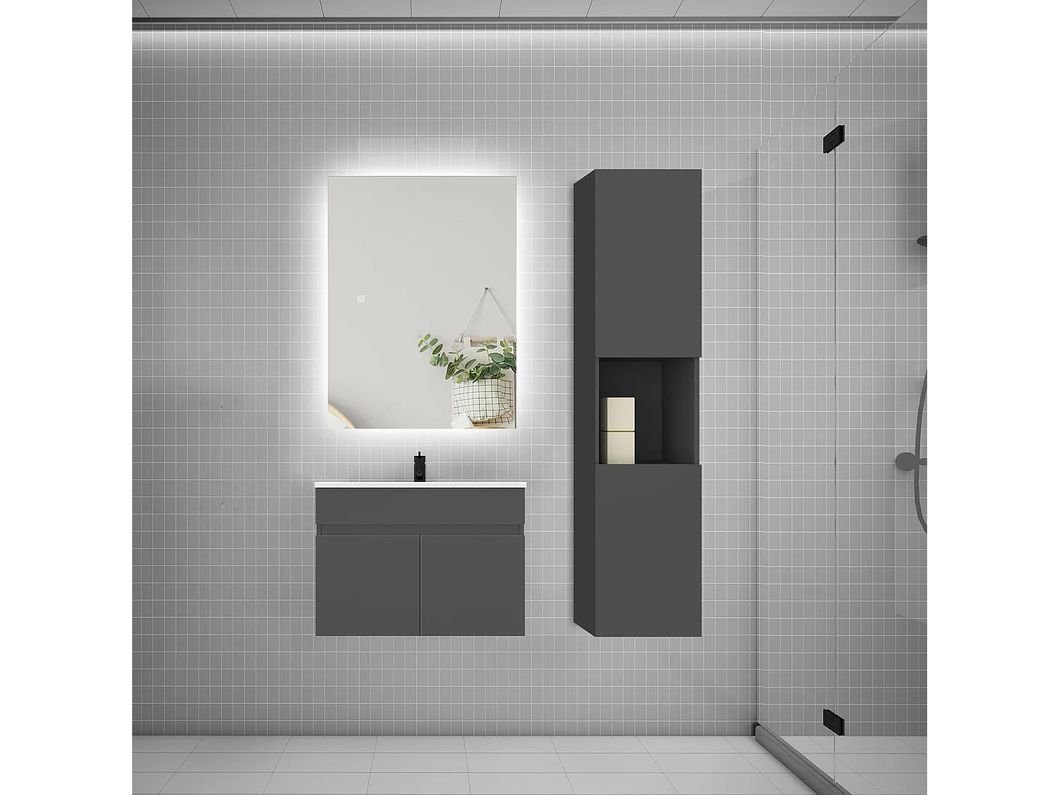 Ensemble meuble vasque 60cm lavabo + colonne + miroir,anthracite