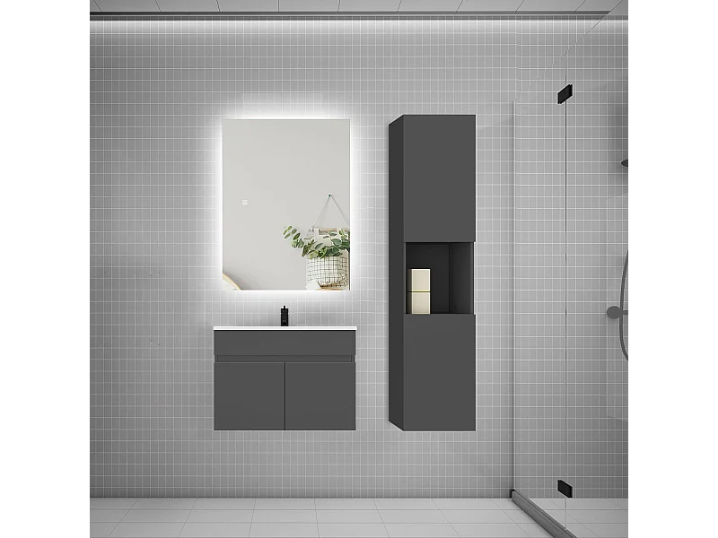 Ensemble meuble vasque 60cm lavabo + colonne + miroir,anthracite