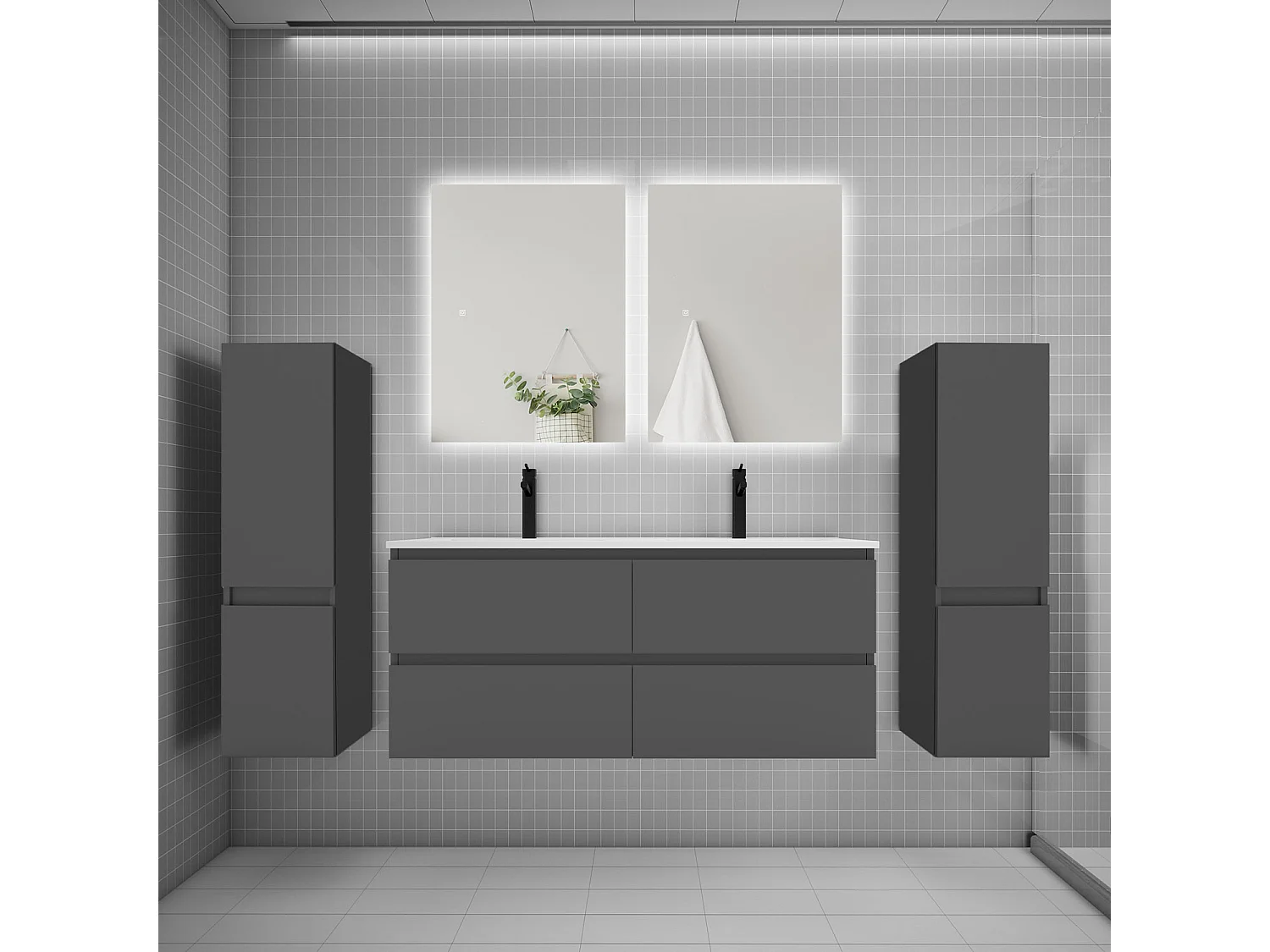 Ensemble meuble vasque L.120cm 2 tiroirs + lavabo + colonne + miroir 60cm,anthracite