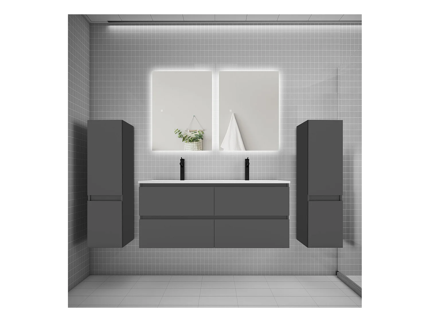 Ensemble meuble vasque L.120cm 2 tiroirs + lavabo + colonne + miroir 60cm,anthracite