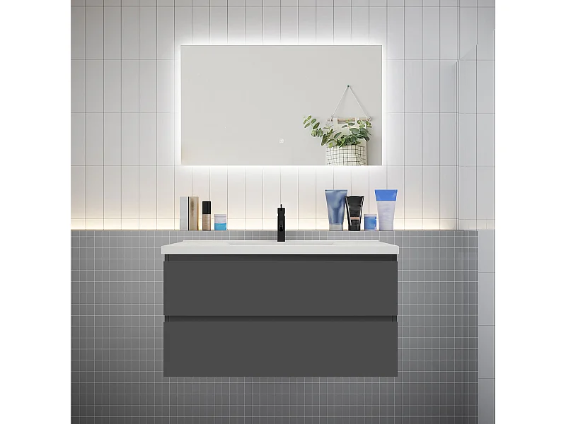 Ensemble meuble vasque L.100cm 2 tiroirs + lavabo + LED miroir 100cm,anthracite