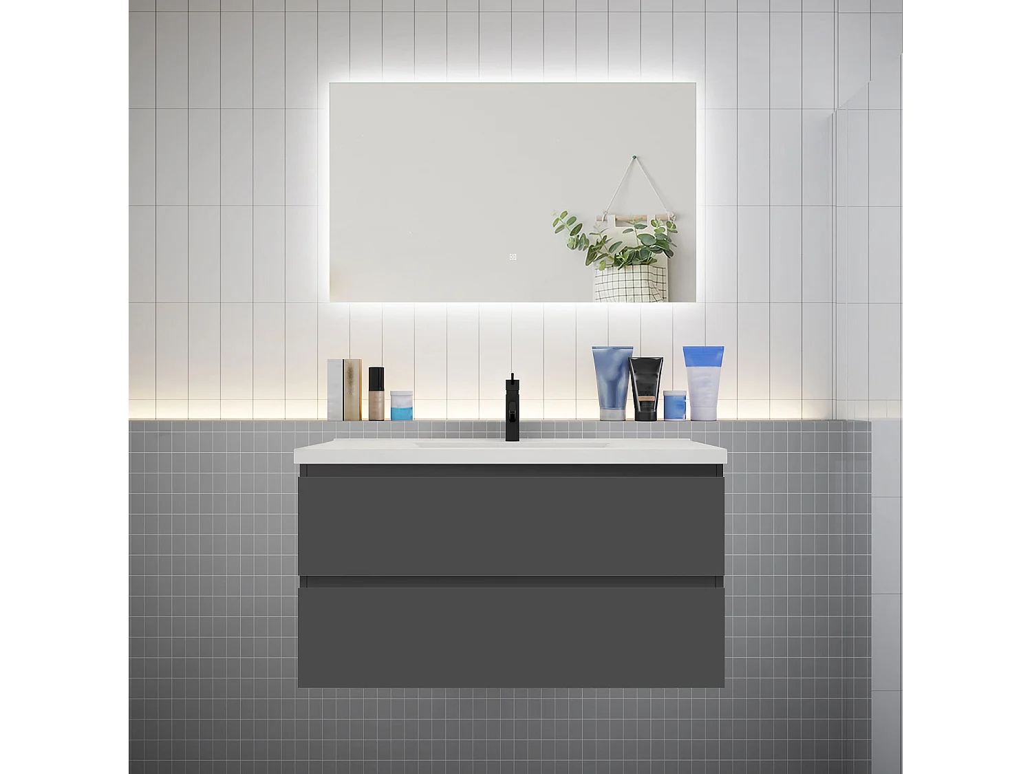 Ensemble meuble vasque L.100cm 2 tiroirs + lavabo + LED miroir 100cm,anthracite