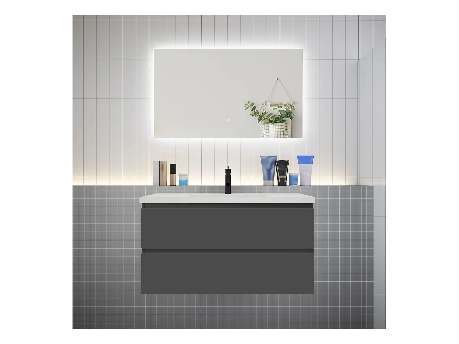 Ensemble meuble vasque L.100cm 2 tiroirs + lavabo + LED miroir 100cm,anthracite