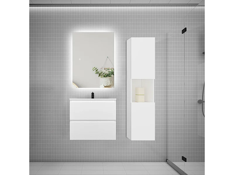 Ensemble meuble vasque 60cm 2 tiroirs + lavabo + colonne + miroir,blanc