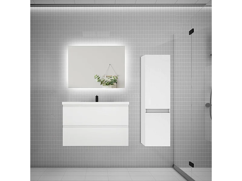 Ensemble meuble simple vasque 80cm 2 tiroirs + lavabo + colonne + miroir,blanc