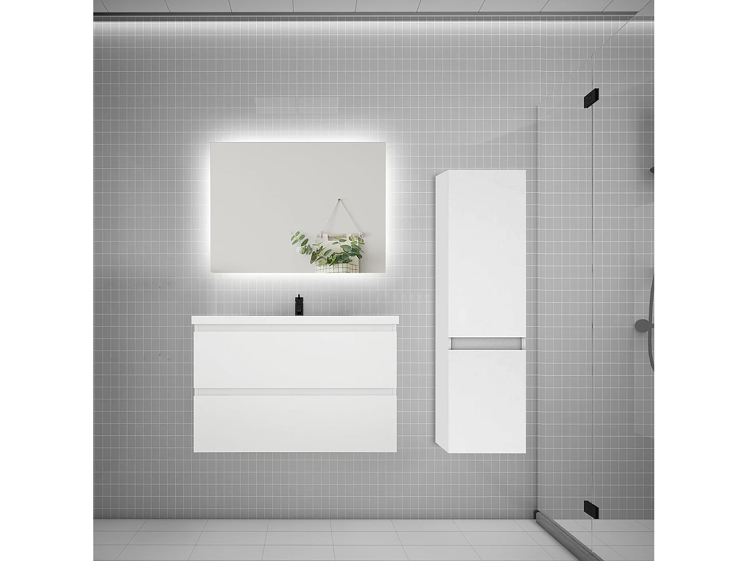 Ensemble meuble simple vasque 80cm 2 tiroirs + lavabo + colonne + miroir,blanc