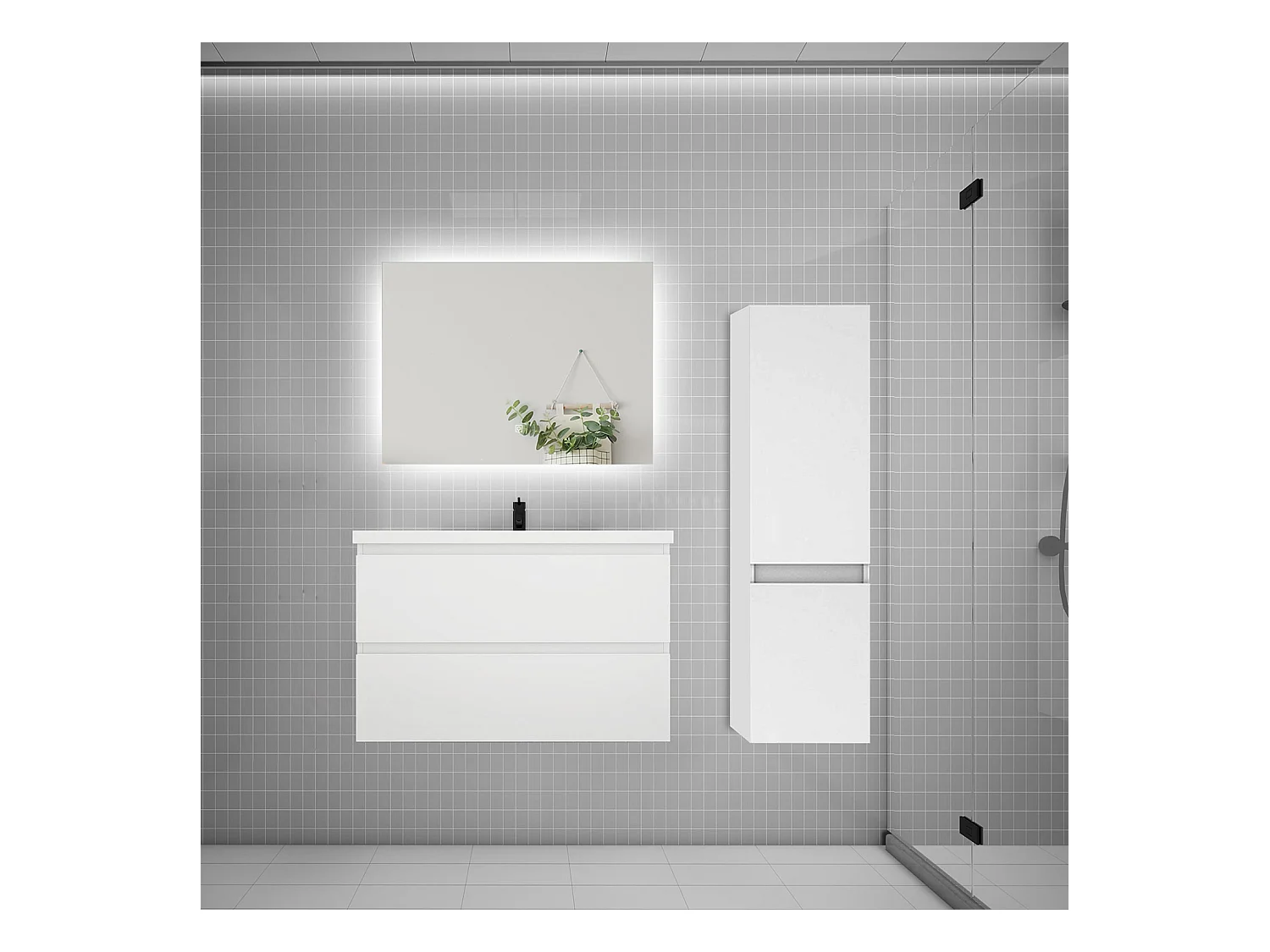 Ensemble meuble simple vasque 80cm 2 tiroirs + lavabo + colonne + miroir,blanc