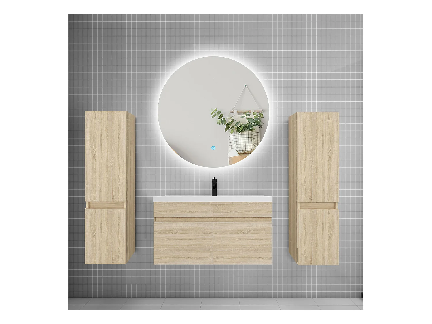 Ensemble meuble vasque L.80cm lavabo + colonne + miroir rond 80cm,chêne