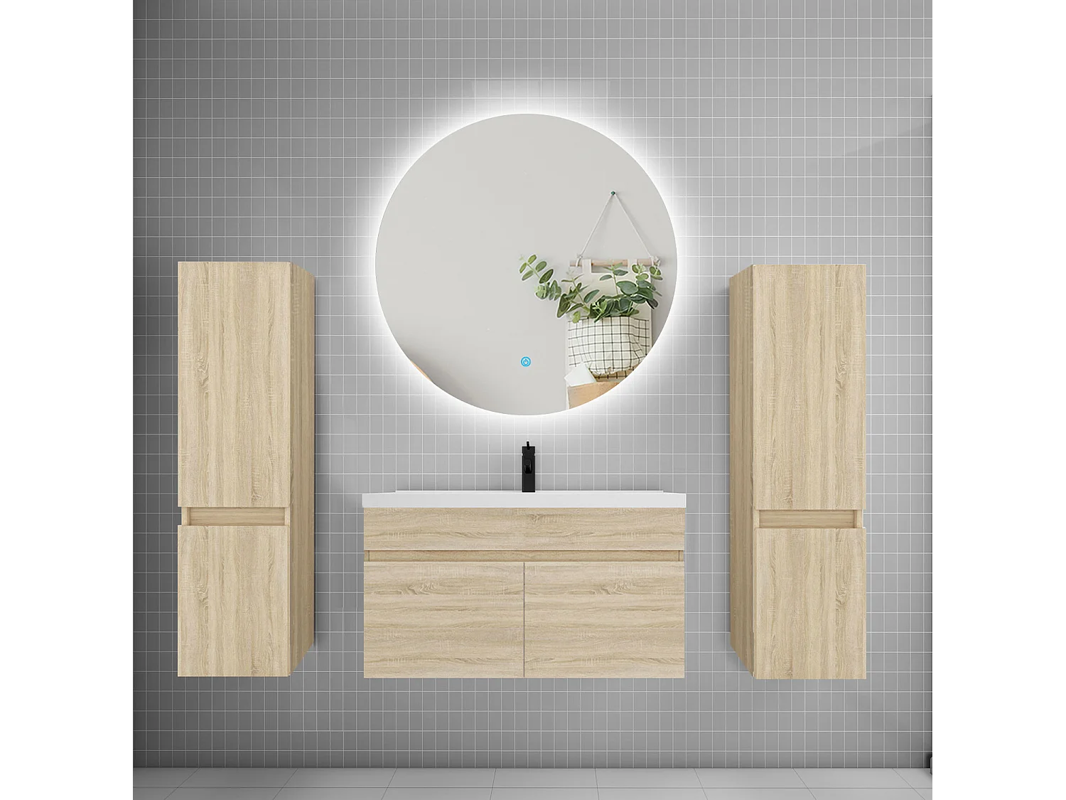Ensemble meuble vasque L.80cm lavabo + colonne + miroir rond 80cm,chêne