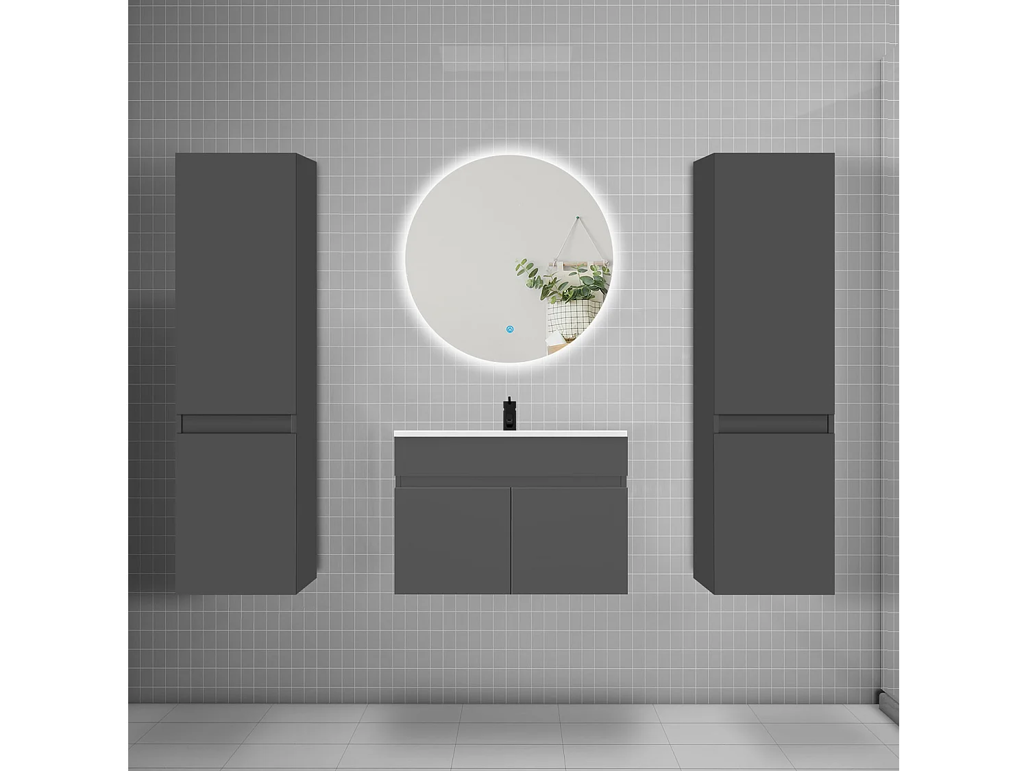 Ensemble meuble vasque L.60cm lavabo + colonne + miroir rond 60cm,anthracite