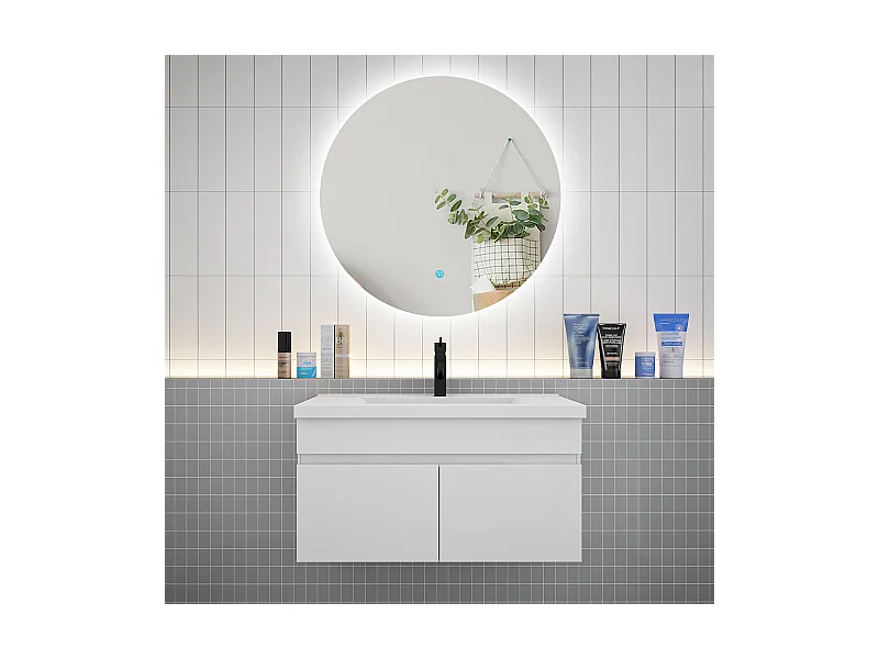 Ensemble meuble vasque L.80cm lavabo + LED miroir rond 80cm,blanc