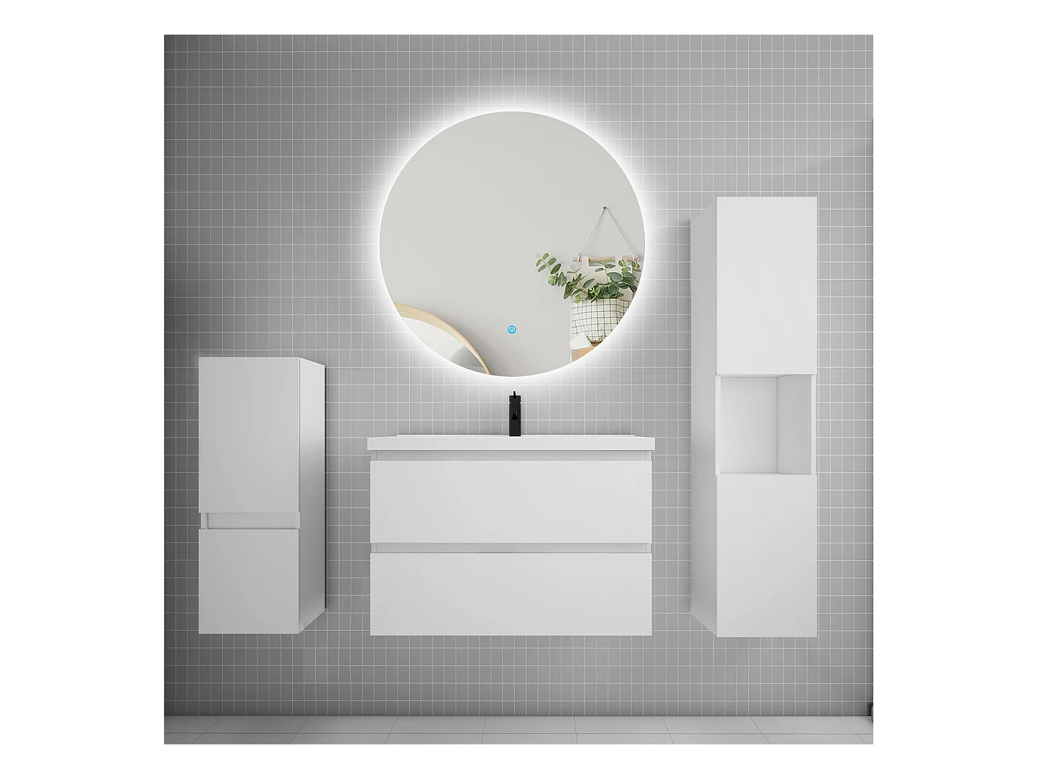 Ensemble meuble vasque L.80cm 2 tiroirs + lavabo + colonne + miroir rond,blanc
