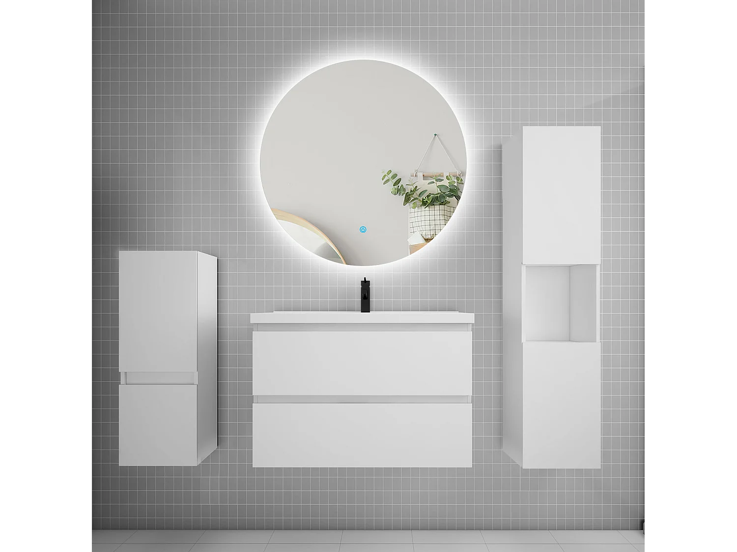 Ensemble meuble vasque L.80cm 2 tiroirs + lavabo + colonne + miroir rond,blanc