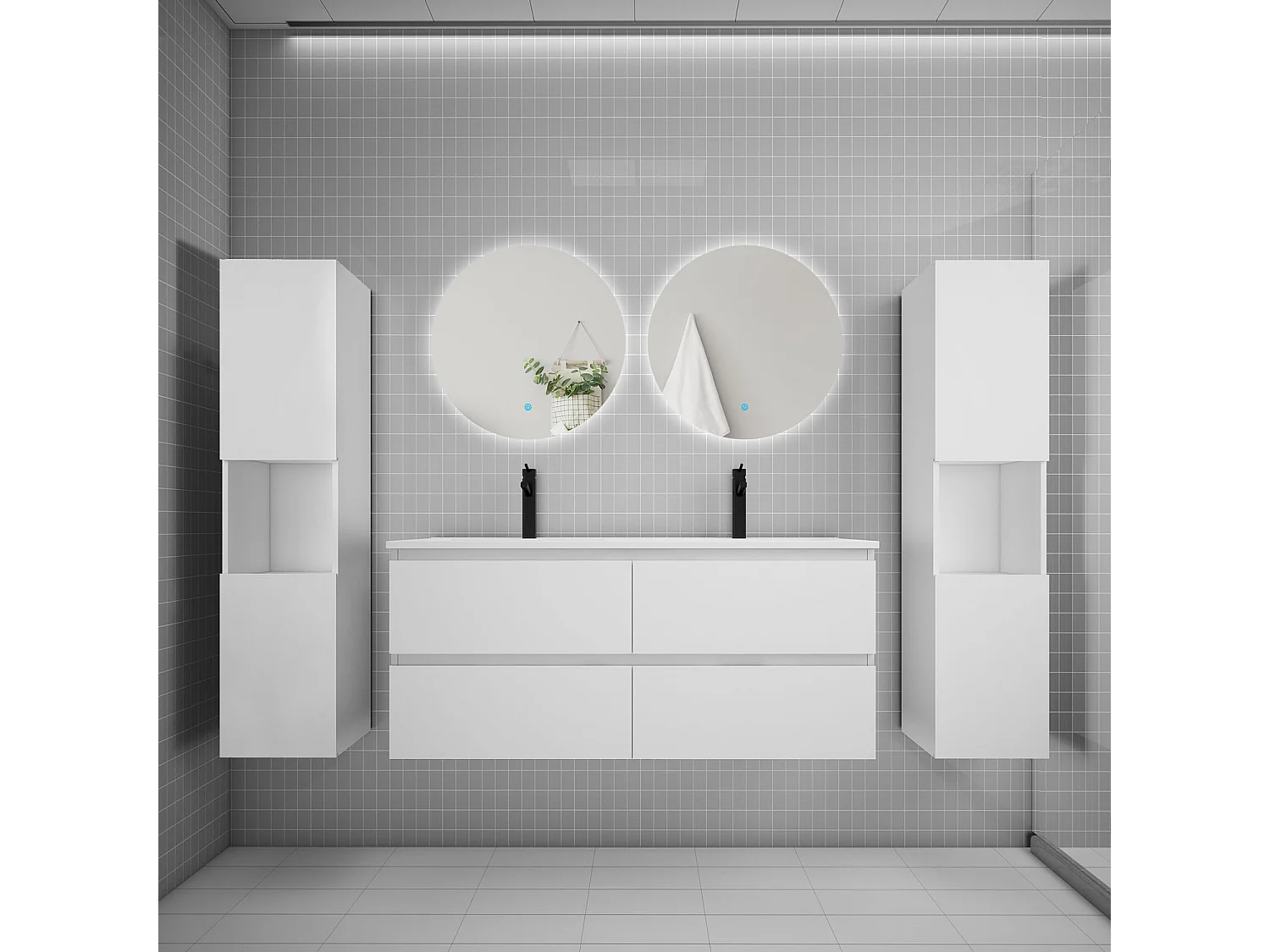 Ensemble meuble vasque L.120cm 2 tiroirs + lavabo + colonne + LED miroir rond 60cm,blanc