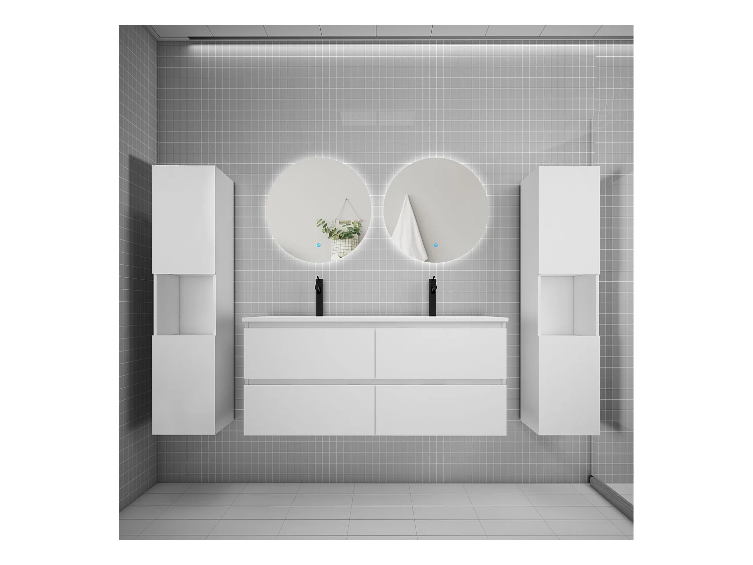 Ensemble meuble vasque L.120cm 2 tiroirs + lavabo + colonne + LED miroir rond 60cm,blanc