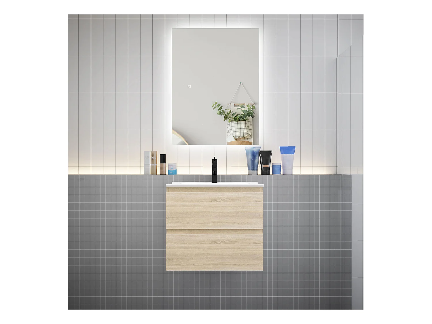 Ensemble meuble vasque L.60cm 2 tiroirs + lavabo + LED miroir 60cm,chêne