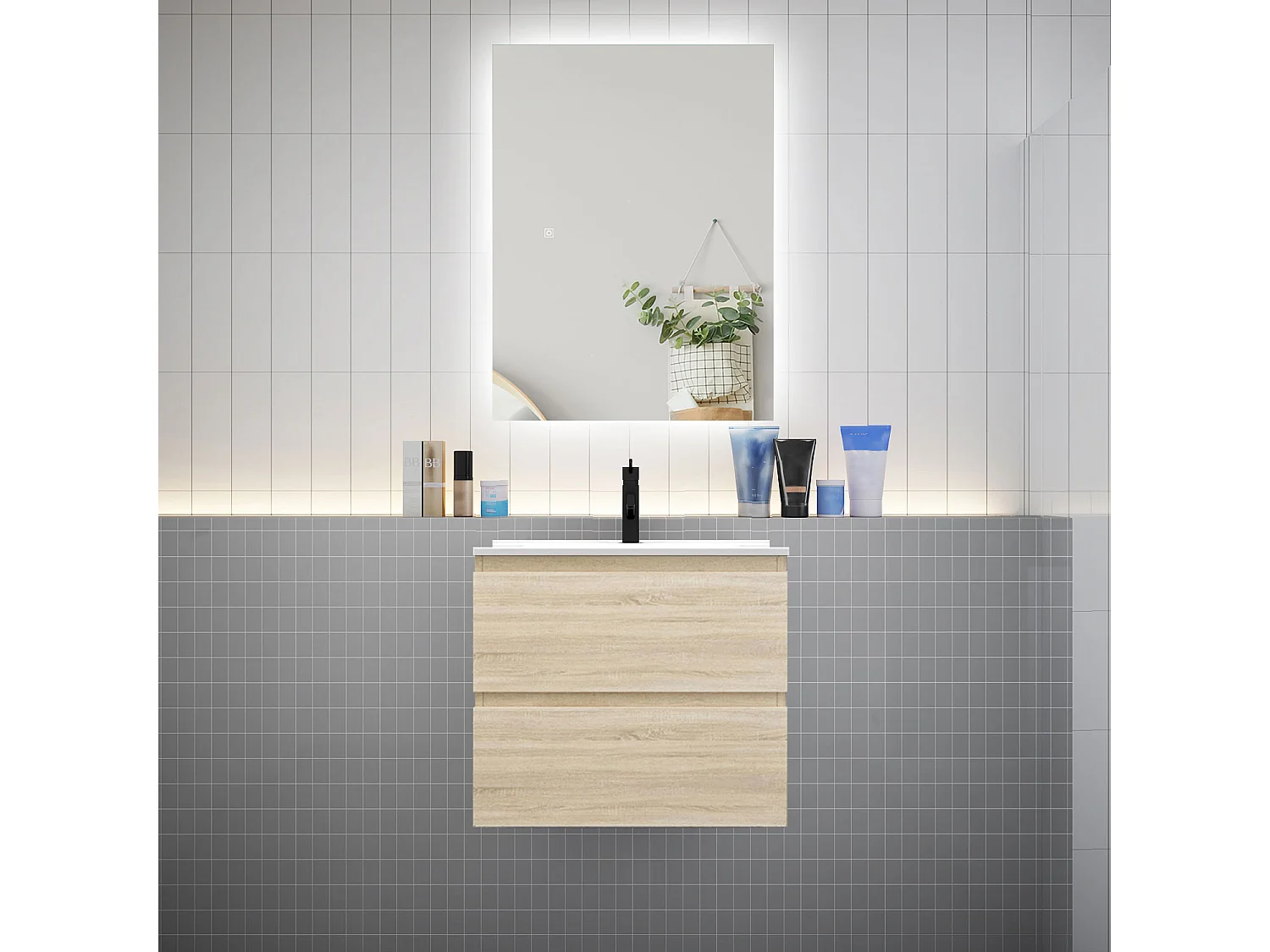 Ensemble meuble vasque L.60cm 2 tiroirs + lavabo + LED miroir 60cm,chêne
