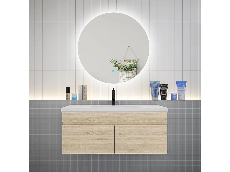 Ensemble meuble vasque L.100cm lavabo + LED miroir rond 100cm,chêne