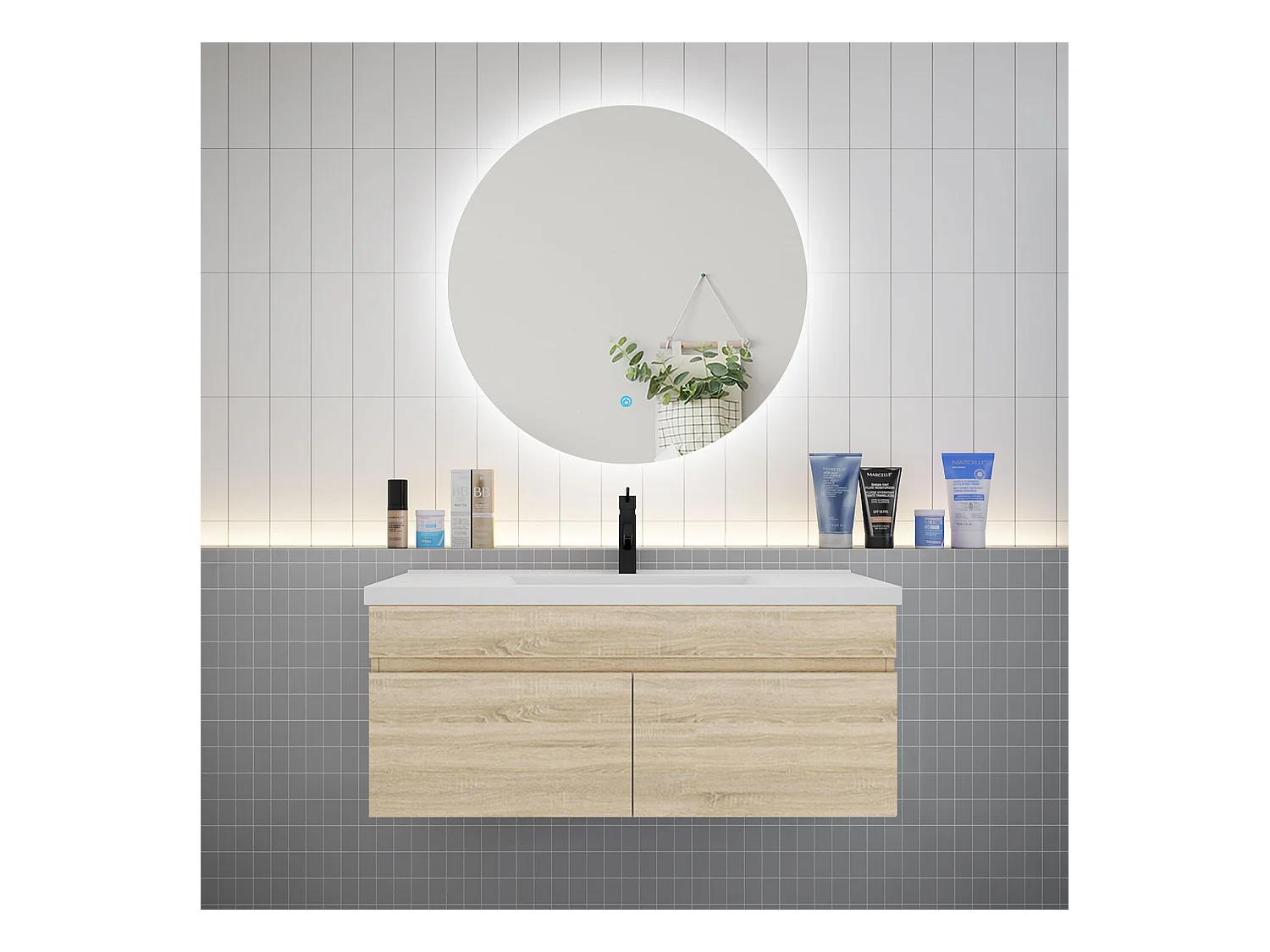 Ensemble meuble vasque L.100cm lavabo + LED miroir rond 100cm,chêne
