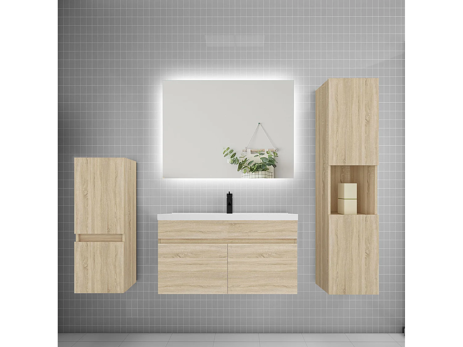 Ensemble meuble vasque L.80cm lavabo + colonne + miroir,chêne