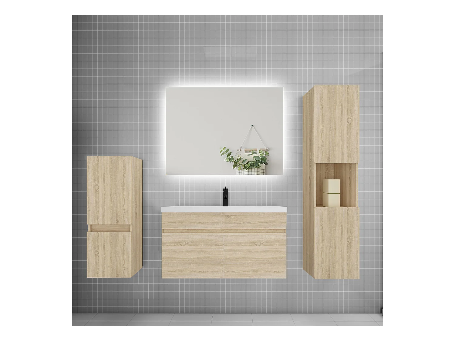 Ensemble meuble vasque L.80cm lavabo + colonne + miroir,chêne