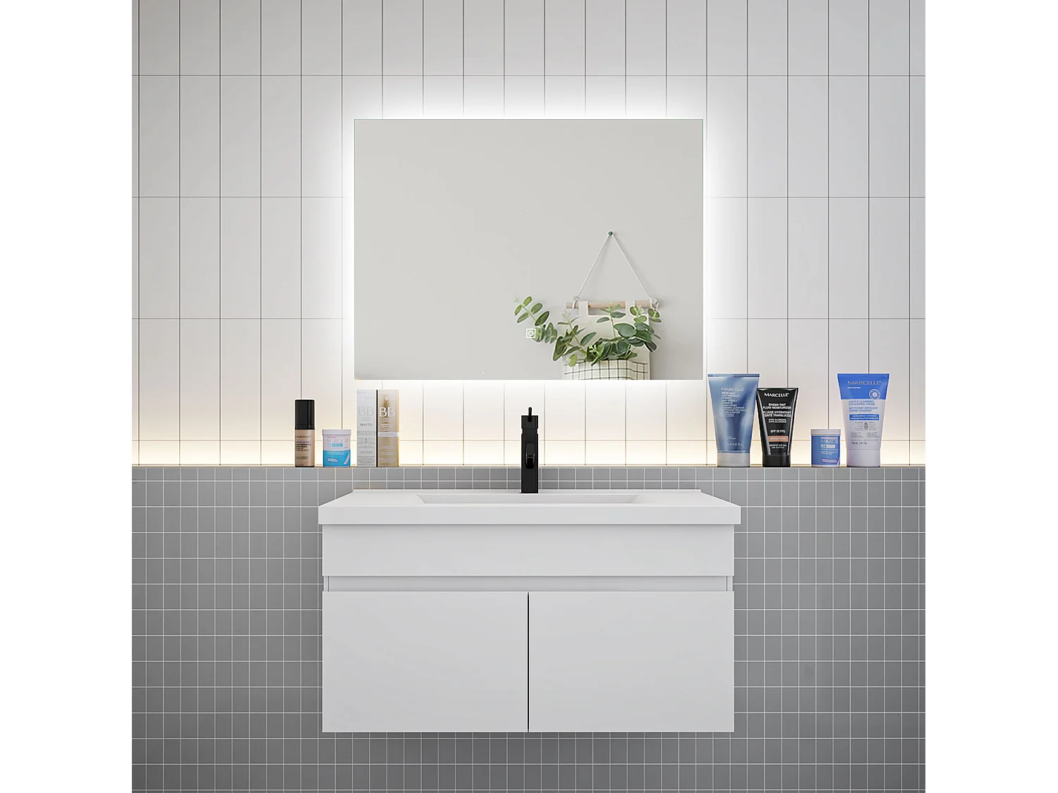 Ensemble meuble vasque L.80cm lavabo + LED miroir 80cm,blanc